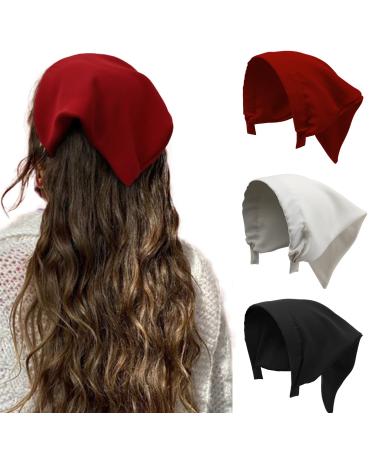 HAIMEIKANG Floral Hair Scarf Headbands for Women Boho Hair Bandanas Scarf for Women Triangle Head Kerchief Solid Color Hair Bands Vintage Head Scarf(Black+White+Wine Red) Black+White+Wine Red 3 Count (Pack of 1)