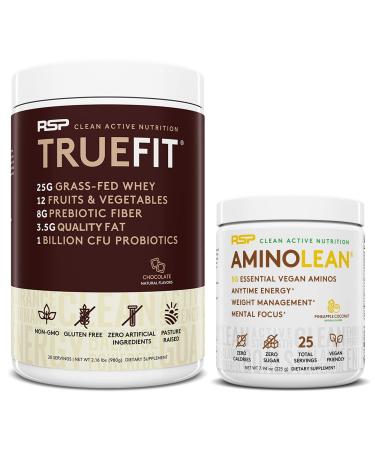 RSP NUTRITION Vegan AminoLean Pre Workout Energy (Pineapple Coconut 25 Servings) with TrueFit Protein Powder (Chocolate 2 LB)
