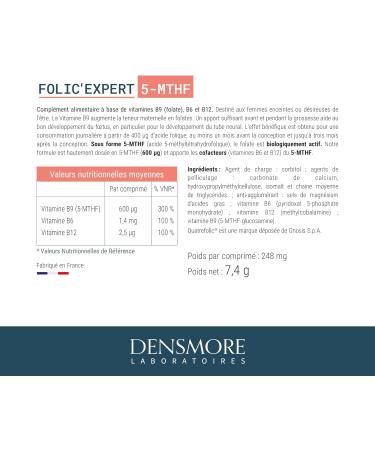 Densmore - Folic'Expert - Vitamine B9 et B12 - 600 g d'Acide Folique - D sir d'Enfant et D but de Grossesse - 90 comprim s - Cure de 3 mois - Fabriqu en France - Buy Online on GoSupps.com