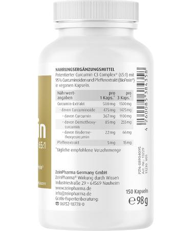 ZeinPharma Curcumin Triplex Capsules - 150 Vegan Capsules 500mg High Dose with 95% Extract - Dietary Supplement Laboratory Tested Made in Germany - Buy Online on GoSupps.com