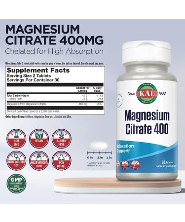 KAL Magnesium Citrate 400mg Supplement for Muscle Function & Nerve Support - 60 Tablets - Buy Online on GoSupps.com