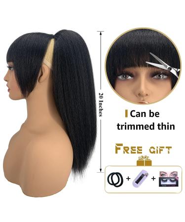 20 inch Long Yaki Straight Drawstring Ponytail with Bangs | Synthetic Kinky Straight Clip in Ponytail Extension for Black Women | Daily Use Hairpiece in 1B Color - Buy Online on GoSupps.com