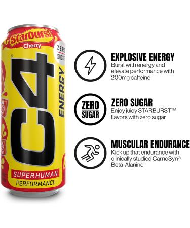 Cellucor C4 Starburst Cherry Energy Drink - 16oz, Sugar-Free Pre Workout Performance Drink (Pack of 12) - Buy Online on GoSupps.com