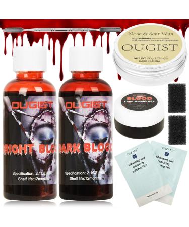 Makeup Scars Wax kit Halloween Special Effects Stage Fake Wound Moulding Skin Wax (1.76 Oz) with Spatula+Scab Coagulated Blood Gel(1.05oz)+Black Stipple Sponge + Two Bottles Fake Bloods (2.1oz) FL-ZH