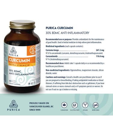 PURICA Extra Strength Curcumin 30% BDMC 60 Vegan Capsules - Turmeric Curcumin Supplements for Skin and Brain Health - Provides Antioxidants for the Maintenance of Good Health - Buy Online on GoSupps.com