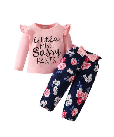 puseky Toddler Baby Girls Clothes Cute Letter Print Long Sleeve Shirt Floral Pant Tracksuit Outfits Set 4-5 Years Pink
