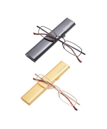 Eyeguard narrow reading glasses compact mini reading glasses super light metal pocket reading glasses with portable case for men and women 2 pairs (+ 3.00 enlargement)