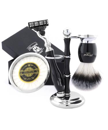 Pure Super Silver Tip Badger Hair Brush in Black Set incl. Triple Razor Holder Savings Bowl and Soap Special Edition