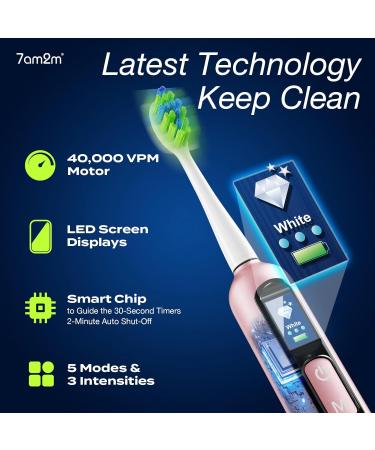 7AM2M Electric Toothbrush for Adults & Teens - LED Screen 3 Intensity Levels 5 Modes 90 Days Battery Life Fast Charge Smart Timer & 8 Brush Heads (Pink) - International Shipping Available - Buy Online on GoSupps.com