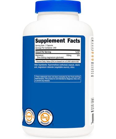 Nutricost Magnesium Glycinate Capsules - 500mg (240ct) | Gluten-Free, Non-GMO, Vegan - Buy Online on GoSupps.com