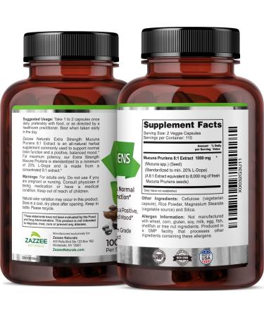 Zazzee Mucuna Pruriens 20% L-Dopa Extract 1000mg - 220 Vegan Capsules | Extra Strength, Non-GMO, Gluten Free - Buy Online on GoSupps.com