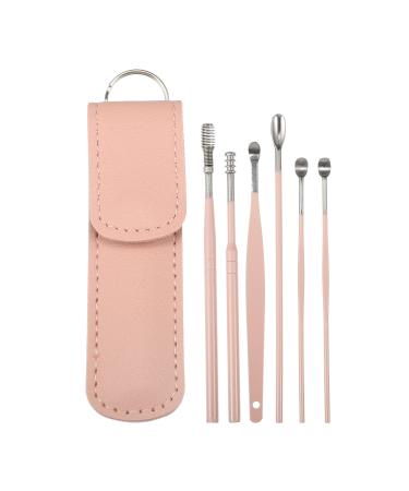 VOCOSTE 6Pcs Stainless Steel Ear Cleansing Tool Set Ear Cleaner Ear Care Set with Leather Packaging Pink