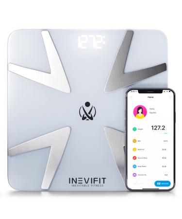 INEVIFIT Smart Body Fat Scale, Highly Accurate Bluetooth Digital Bathroom Body Composition Analyzer, Measures Weight, Body Fat, Water, Muscle, BMI, Visceral Fat & Bone Mass for Unlimited Users White