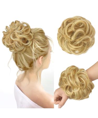 FESHFEN Messy Bun Hair Piece Hair Scrunchies Thick Curly Wavy Hair Piece Synthetic Donut Updo Hairpieces for Women Girls Strawberry Blonde & Bleach Blonde 55 g (Pack of 1) 55 g (Pack of 1) 27H613# Strawberry Blonde & Bleach Blonde