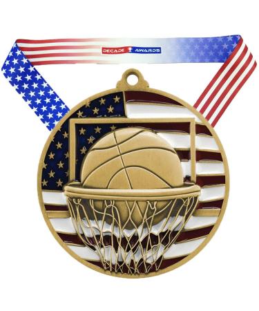 Decade Awards Basketball Patriotic Medal - 2.75 Inch Wide Hoops Medallion with Stars and Stripes American Flag V Neck Ribbon Gold