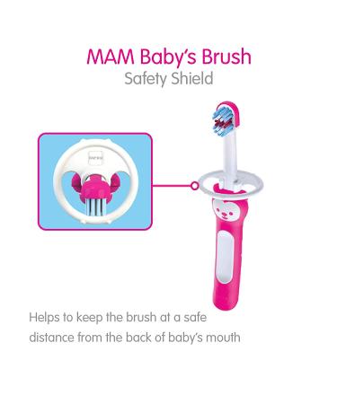 MAM Baby Toothbrushes Set with Brushy The Bear Character | 2 Baby's Brushes, 1 Safety Shield | Interactive App | Girls 6+ Months | Pink - Buy Online on GoSupps.com