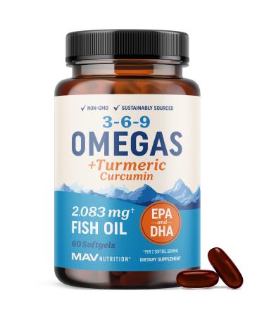 Omega 3 6 9 + Turmeric Curcumin Supplement | EPA & DHA Fish Oil + Turmeric Curcuma | Mobility Cognitive & Heart Health Support | Triple Omega with Curcumin Supplements | Non-GMO | 60 Softgels