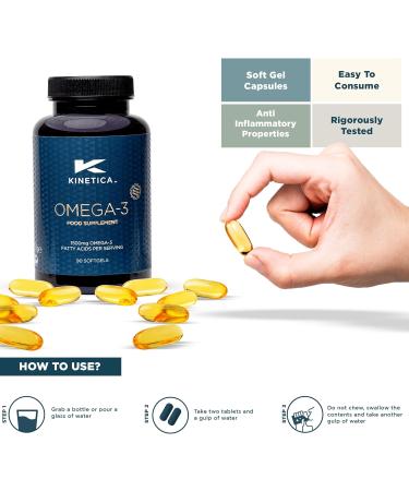 Kinetica Sports Omega-3 Fish Oil | 1500mg Omega-3 Fatty Acids 1000mg EPA & 500mg DHA/Serve 45 Servings/90 Capsule Pack | 2 Capsules/Day | Reduces Muscle Soreness with Anti-Inflammatory Properties - Buy Online on GoSupps.com