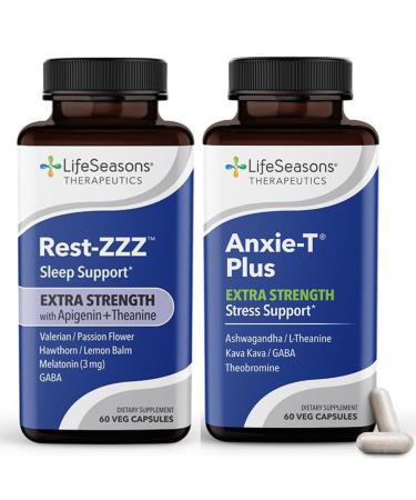 LifeSeasons Rest-ZZZ Extra Strength + Anxie-T Plus Bundle Sleep & Stress Support Supplement Pack Fall Asleep & Feel Calm Supports Nervous System Eases Tension - 60 Capsules & 60 Capsuless