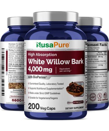 Buy NusaPure White Willow Bark 4000mg - Max Strength Veggie Capsules Non-GMO with Bioperine - 200 Count for Optimal Health - Buy Online on GoSupps.com