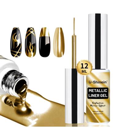 12ml Metallic Painting Gel Liner Nail Art 3D Mirror Chrome Effect Gel Nail Polish Metal Painted Drawing Gel Build in Thin Brush Soak Off UV/LED Gold Striper Gel for Salon Home DIY Manicure