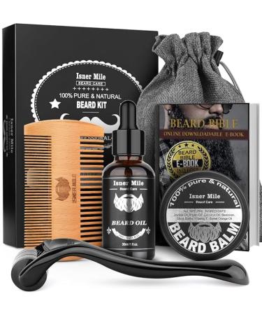 ISNER MILE Beard Kit, Mustache Men's Gift Kit with Beard Oil, Beard Balm, 0.25mm Beard Roller, Beard Comb, Beard E-book, Storage Bag, Christmas Fathers Valentines Day Gifts for Him