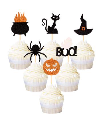 Ercadio 36 Pack Halloween Cupcake Toppers Witch Hat Spider Pumpkin Ghost Cat Cupcake Picks Baby Shower Birthday Halloween Themed Party Cake Decorations Supplies Pattern 1