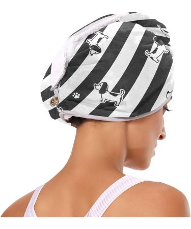 Black & White Striped Dog Pattern Quick Dry Hair Cap Set | Super Absorbent Towel & Button Headband | Soft Comfortable 2-Piece | International Shipping - Buy Online on GoSupps.com