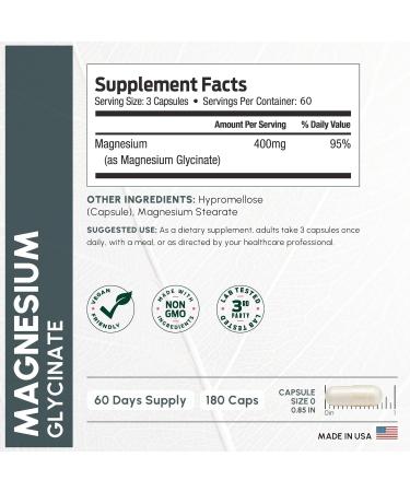 Pure Magnesium Glycinate 400mg Serving - High Absorption Magnesium Glycinate - Mag Bisglycinate for Stress Bones Muscles Nerves Relaxation & Heart Health Non GMO & Gluten Free - 180 Capsules Magnesium Glycinate 180 Cou  - Buy Online on GoSupps.com