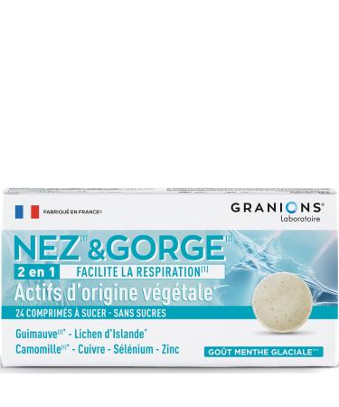 GRANIONS Nose & Throat | Dietary Supplement | 2-in-1 Nasal Discomfort and Sore Throat Adult | Marshmallow + Iceland Lichen + Chamomile | Icy Mint Flavor | Sugar Free | FR Brand | 24 Tablets