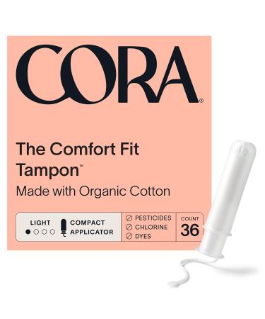 Cora Organic Applicator Tampons | Light Absorbency | 100% Cotton Core, Unscented, BPA-Free Compact Applicator | Leak Protection, Easy Insertion, Non-Toxic | Packaging May Vary (36 Count) 36 Count (Pack of 1)