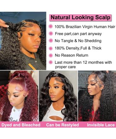 4GIRL4EVER 24 Inch Deep Wave Lace Front Wig Human Hair 180% Density 13X4 Frontal Wigs for Black Women - Pre Plucked with Baby Hair, HD Lace, Natural Black - Buy Online on GoSupps.com