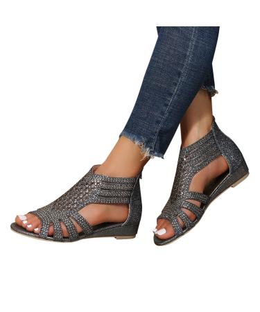 Crzidha Ladies Roman Sandals Sparkling Rhinestone Decor Platform Wedge Sandals with Back Zipper Hollow Comfortable Open Toe Breathable Sandals Wide Width Solid Color Sandal Party Beach Walking Shoes 8.5 A10-dark Gray