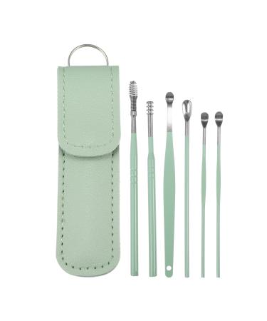 VOCOSTE 6Pcs Stainless Steel Ear Cleansing Tool Set Ear Cleaner Ear Care Set with Faux Leather Packaging Green