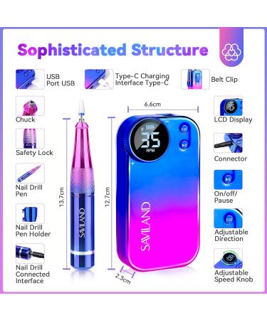 SAVILAND Portable Electric Nail Drill - 35000RPM Nail File for Acrylic Nails | Professional Manicure & Pedicure Supplies | Perfect for Home & Salon Use - Buy Online on GoSupps.com