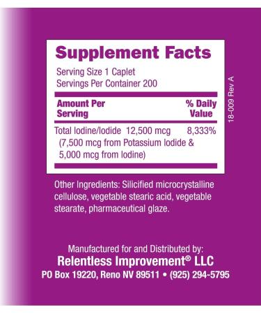 Relentless Improvement Iodine Sublime 12.5mg 200 Caplets with Potassium Iodide - High-Quality Iodine Supplement - Buy Online on GoSupps.com