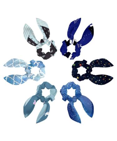 6 Packs Adorable Bow Scrunchies for Thick Hair Geometry Blue Womens Hair Rings Band Bows Bunny Ears Bowknot Hair Ties One Size Multi-colored 6