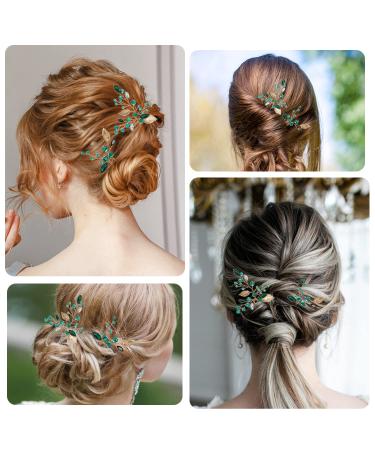 Bride Leaf Hair Pins Set - Vintage Gold Vine Barrettes with Emerald Green Crystals - Bridal Hair Accessories - Buy Online on GoSupps.com