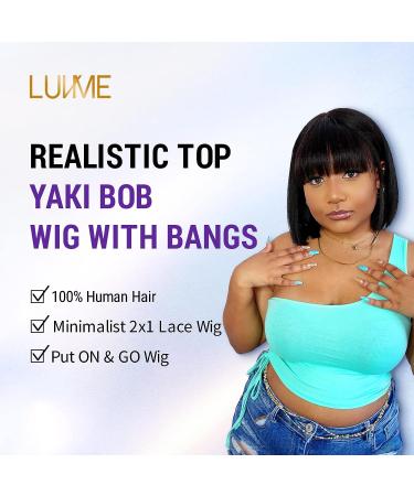 LUVME HAIR 10 Short Black Bob Wig with Bangs | Human Hair Yaki Straight Bob Wig | Glueless Minimalist 2x1 Lace Scalp | for Women - Buy Online on GoSupps.com