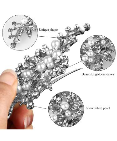 Silver Rhinestone Bridal Hair Clips Set - Wedding Hair Accessories for Women - Leaf Flower Pearl Barrettes - 2 Pack - Buy Online on GoSupps.com