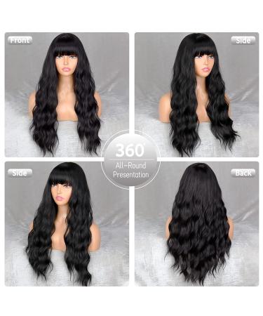 MERISIHAIR 24 Long Black Synthetic Wavy Wig with Bangs for Women - Heat Resistant, Cosplay Selena Style - Buy Online on GoSupps.com