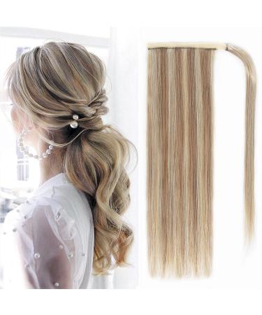 Ponytail Extension Human Hair 100% Real Remy Human Hair Wrap Around Ponytail Long Straight Ponytail Hairpiece Pony Tails Hair Extensions (16inch  16/613(Light Blonde to Bleach Blonde)) 16 Inch 16/613(Light Blonde to Ble...