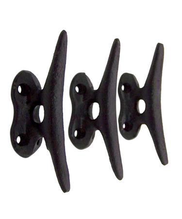 Nautical Black Cast Iron Boat Cleat Wall Hooks, 3.5 Inches, Set of 3