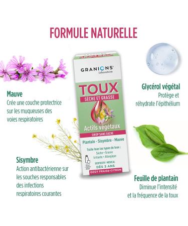 GRANIONS Cough Syrup - 4 in 1 - Sugar Free - Dry and Oily Cough Syrup - Natural Formula without Contraindications - Plantain Extract - Medical Device - From 3 Years | Strawberry-Lemon Flavor - 120 ml - Buy Online on GoSupps.com