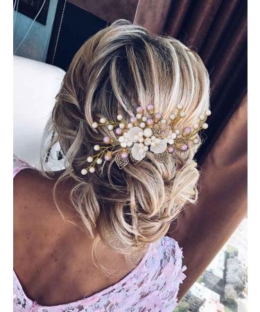 IYOU Pearl Bridal Hair Comb Gold Flower Wedding Side Combs Leaf Bride Bridesmaid Hair Accessories for Women - Buy Online on GoSupps.com