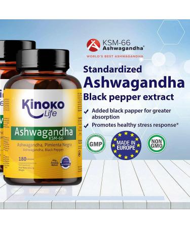 Ashwagandha KSM-66-180 Capsules 500mg with Black Pepper 5% Withanolides Vegan Magnesium Stearate Free Gluten Free Non-GMO - Buy Online on GoSupps.com
