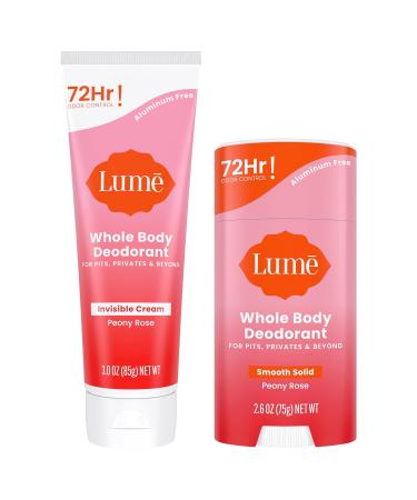 Lume Deodorant Cream Tube and Solid Stick - Underarms and Private Parts - Aluminum Free, Baking Soda Free, Hypoallergenic, and Safe For Sensitive Skin - Travel Tube + Solid Stick Bundle (Peony Rose)