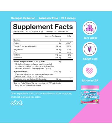 Obvi Hydration Powder | Electrolyte & Collagen Peptide Complex | 5 Types of Collagen with Hyaluronic Acid | Supports Skin Elasticity & Joint Health | Sugar-Free | Raspberry Rose 30 Servings - Buy Online on GoSupps.com