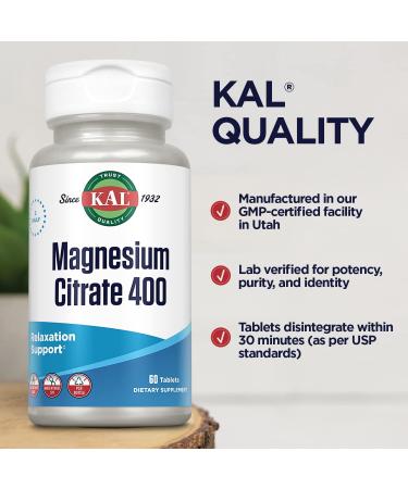 KAL Magnesium Citrate 400mg Supplement for Muscle Function & Nerve Support - 60 Tablets - Buy Online on GoSupps.com