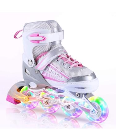 Kuxuan Skates Inline Skates Adjustable for Kids,Girls Skates with All Wheels Light up,Fun Illuminating for Girls and Ladies Pink & Gray Small-Little Kid (10C-13C)